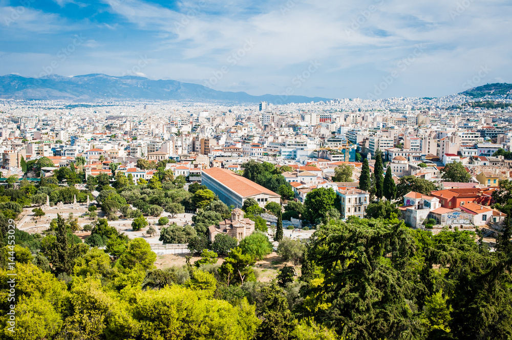 Greece, Athens, August 2016, The Acropolis of Athens, ancient citadel located on an extremely rocky outcrop above the city of Athens. Panorama view to the city od Athens