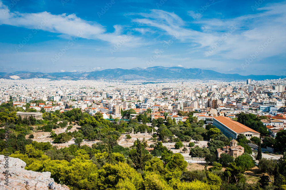 Greece, Athens, August 2016, The Acropolis of Athens, ancient citadel located on an extremely rocky outcrop above the city of Athens. Panorama view to the city od Athens