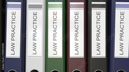 Multiple office folders with Law practice text labels 3D rendering