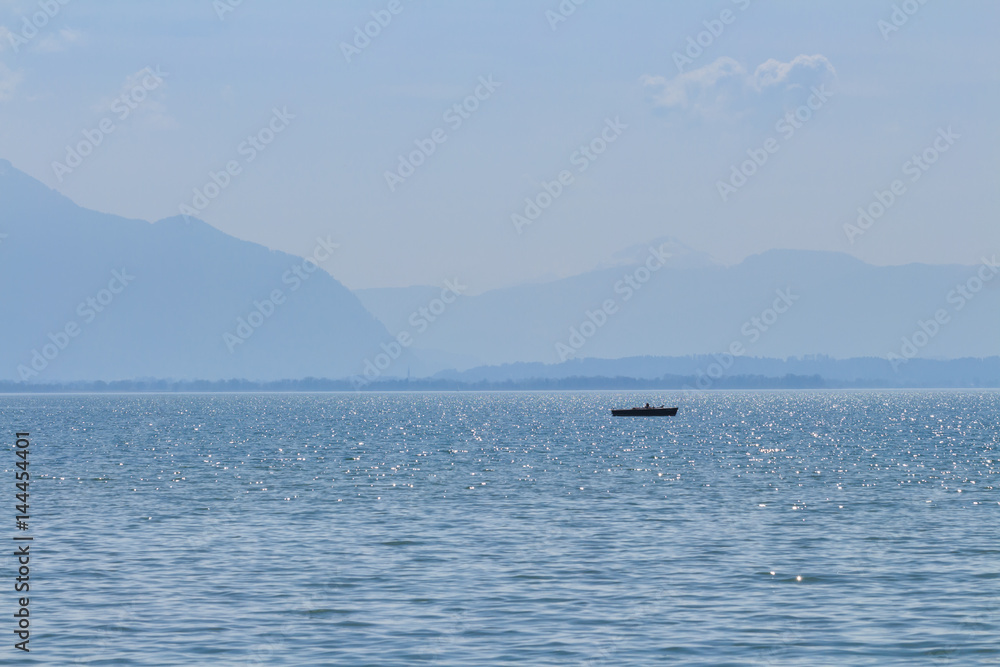 Boat on Lake Chiemsee, Bavaria on a sunny spring day