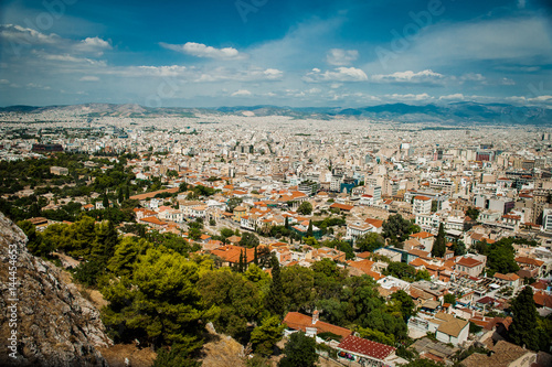 Obraz na płótnie Greece, Athens, August 2016, The Acropolis of Athens, ancient citadel located on an extremely rocky outcrop above the city of Athens. Panorama view to the city od Athens w salonie