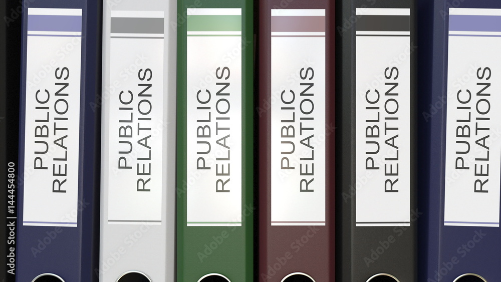 Multiple office folders with Public relations text labels 3D rendering Multiple office folders with Public relations text labels 3D rendering