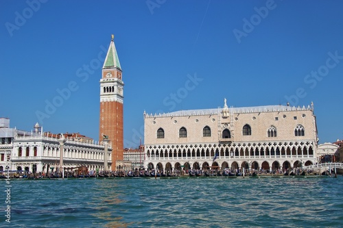 Panoramic view of Saint Mark's square in Venice: The bell tower or Campanile of the Basilica Saint Mark and the Doge's palace. Italy, Europe.