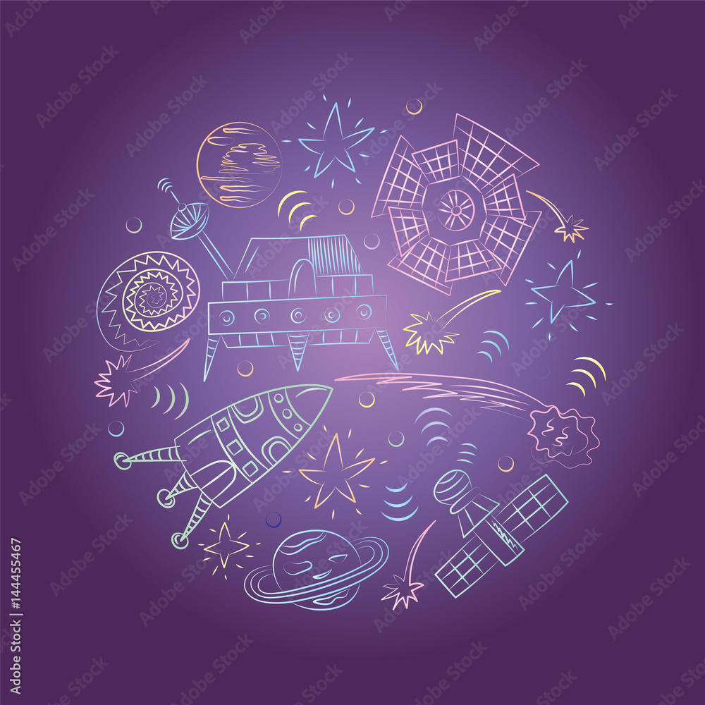 Colorful Hand Drawn Doodle Spaceships, Rockets, Falling Stars, Planets and Comets Arranged in a Circle on Night Sky. Sketch Style. Vector Illustration.