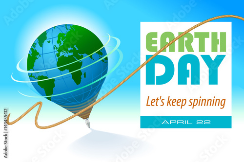 A globe imprinted on a spinning top and a string. Vector Illustration.