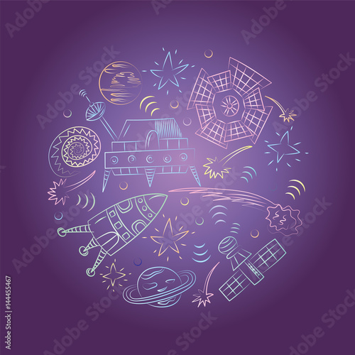 Colorful Hand Drawn Doodle Spaceships  Rockets  Falling Stars  Planets and Comets Arranged in a Circle on Night Sky. Sketch Style. Vector Illustration.