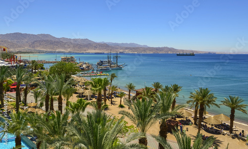 Central public beach of Eilat - number one resort and recreational city in Israel located on the Red Sea