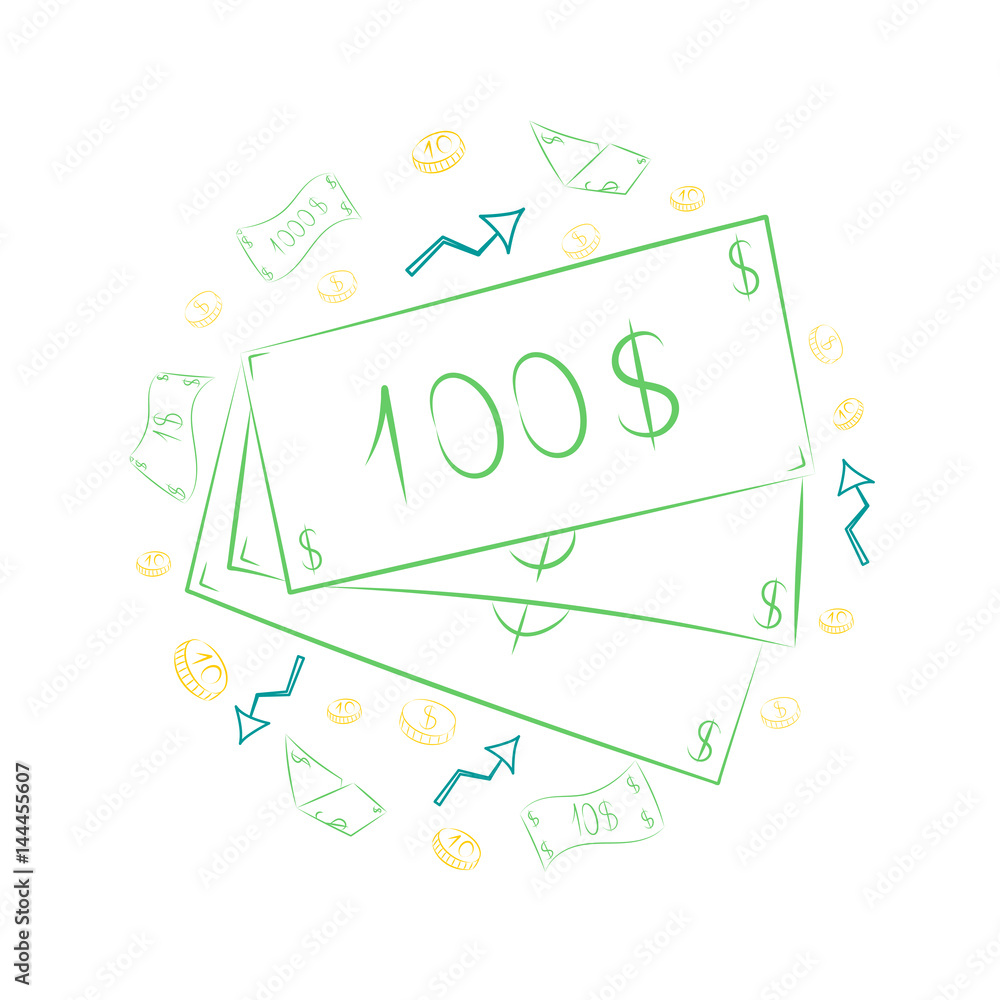 Green Hand Drawn Banknotes and Golden Coins. Scribble Drawings of Cash and Arrows Arranged in a Circle. Sketch Style. Vector Illustration. Green Hand Drawn Banknotes and Golden Coins. Scribble Drawings of Cash and Arrows Arranged in a Circle. Sketch Style. Vector Illustration.