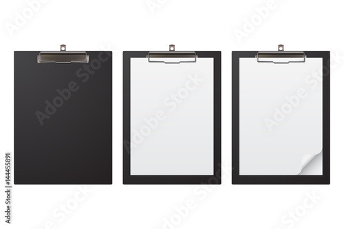 Set of realistic clipboard, empty, with sheet of paper a4, with folded corner, isolated on white