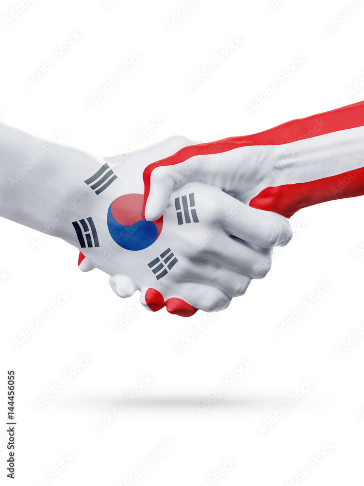 Flags South Korea, Austria countries, partnership friendship handshake concept. Flags South Korea, Austria countries, partnership friendship handshake concept.