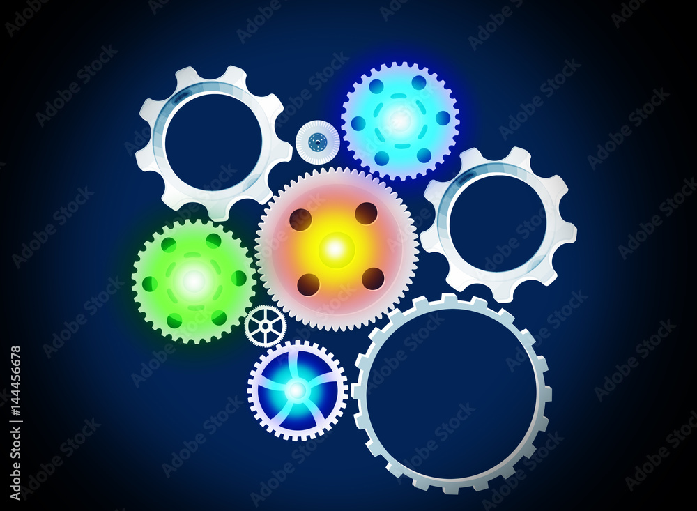 Colored gears on blue background