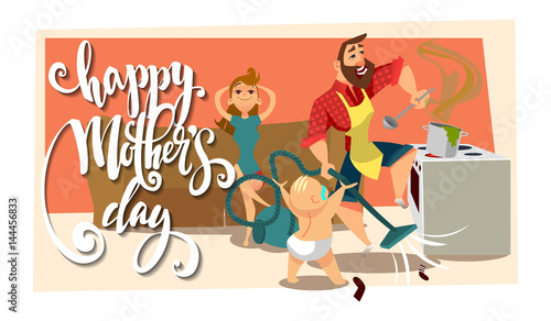 Postcard with Mother's Day. The woman is resting on the couch, and the man is cooking and vacuuming.