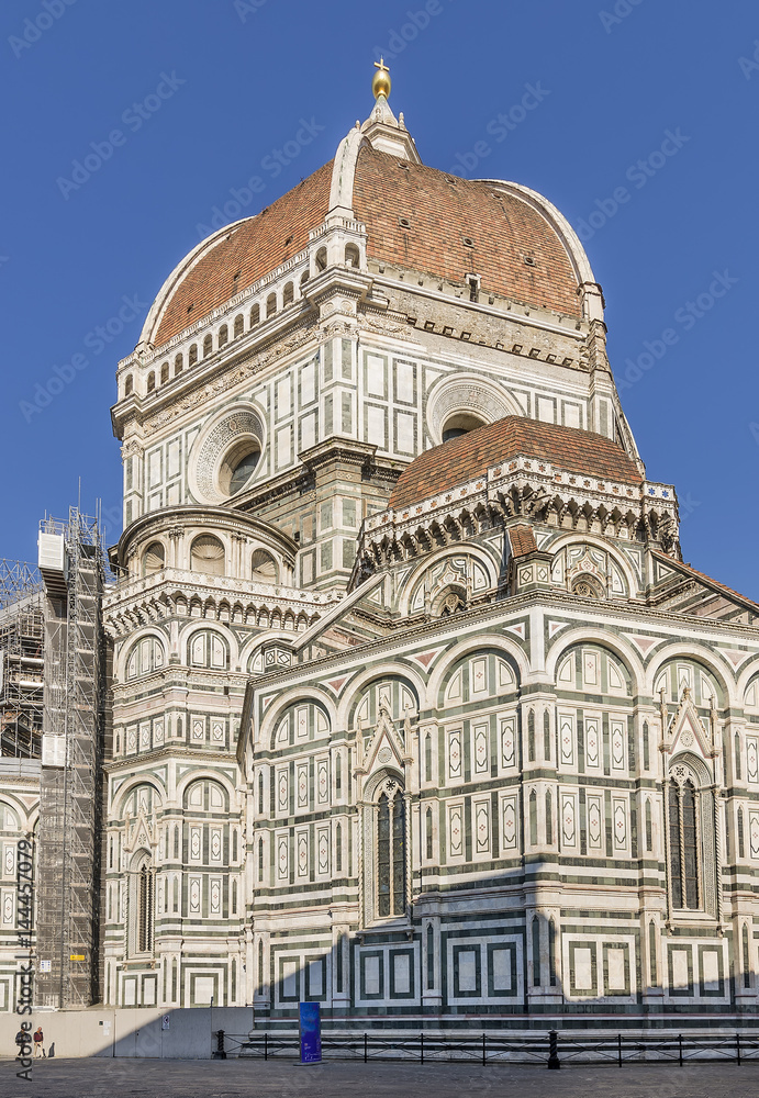 Magnificent vertical view from below of the Duomo in Florence, Italy, on a sunny day