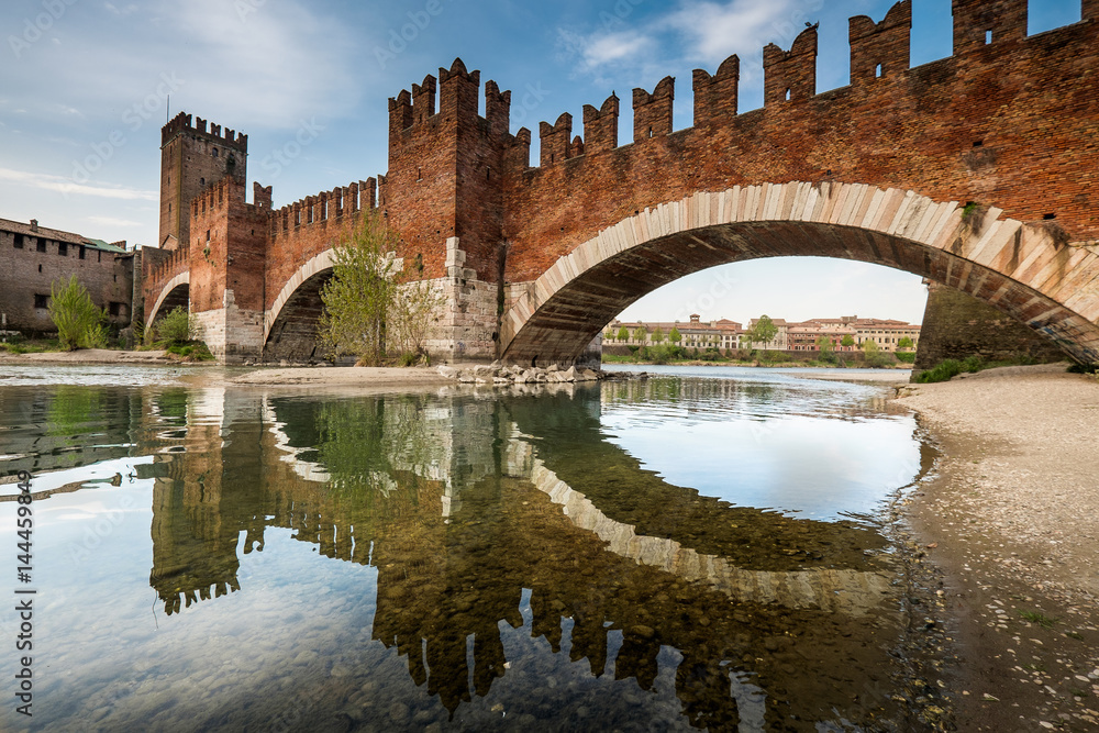 erona, Italy. Detail of medieval stone bridge of Ponte Scaligero, over Adige River, built in 14th century near Castelvecchio