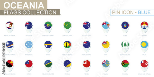 Oceania flags collection. Big set of blue pin icon with flags.