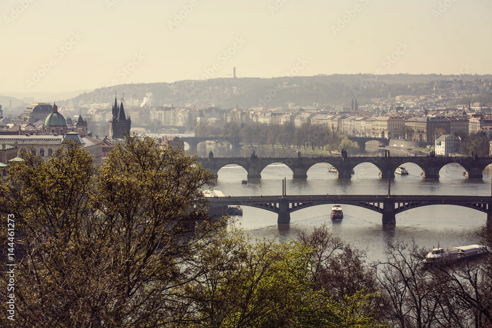 Vltava river with historical bridges in Prague