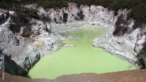 Geysers green water hot springs on background of soil in New Zealand. Beautiful landscape amazing nature. Travel and tourism in the world of wildlife. photo