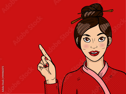 Chinese girl in pop art. Young sexy asian woman with open mouth. Chopsticks on head. Vector illustration in retro comic style.