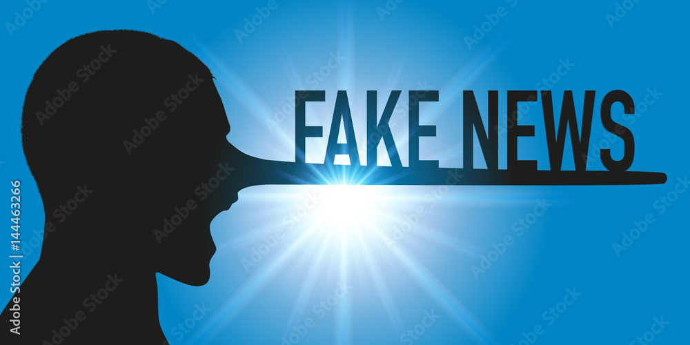 Concept des rumeurs sur les réseaux sociaux, avec un homme vu de profil, qui prononce le mot fake news en ayant le nez qui s’allonge comme celui de Pinocchio. - obrazy, fototapety, plakaty 