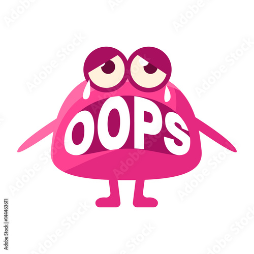 Pink Blob Saying Oops, Cute Emoji Character With Word In The Mouth Instead Of Teeth, Emoticon Message