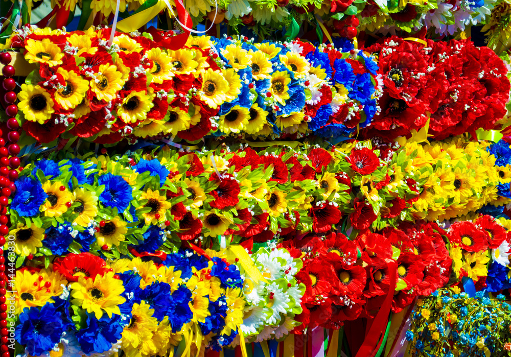 Wreath with flowers. Ukrainian wreath. Ukrainian wreath with ribbons