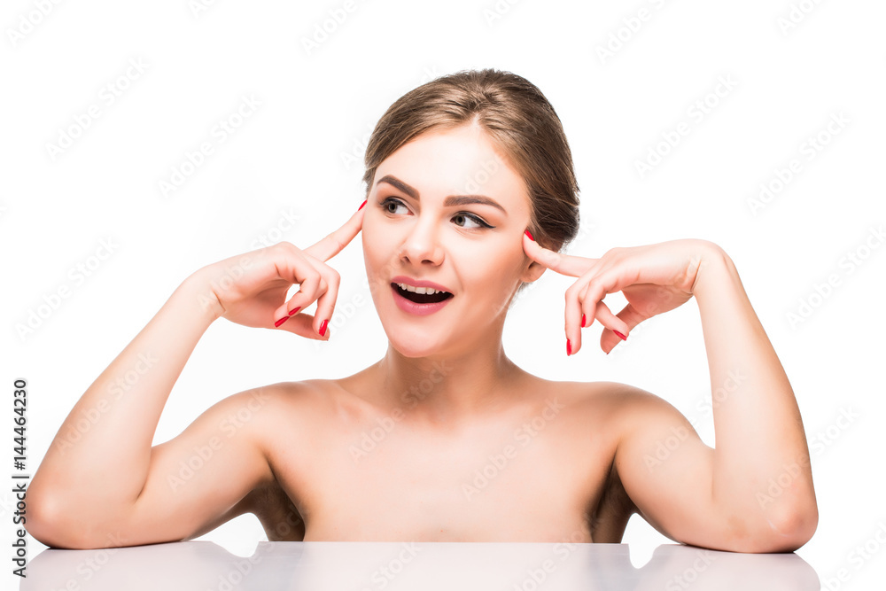 Portrait of beautiful woman with theeth smile on white background Portrait of beautiful woman with theeth smile on white background