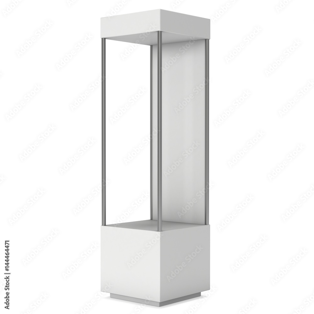 Empty showcase with for exhibit. 3D render illustration isolated on white background. Trade show booth blank pedestal for expo design. Empty showcase with for exhibit. 3D render illustration isolated on white background. Trade show booth blank pedestal for expo design.