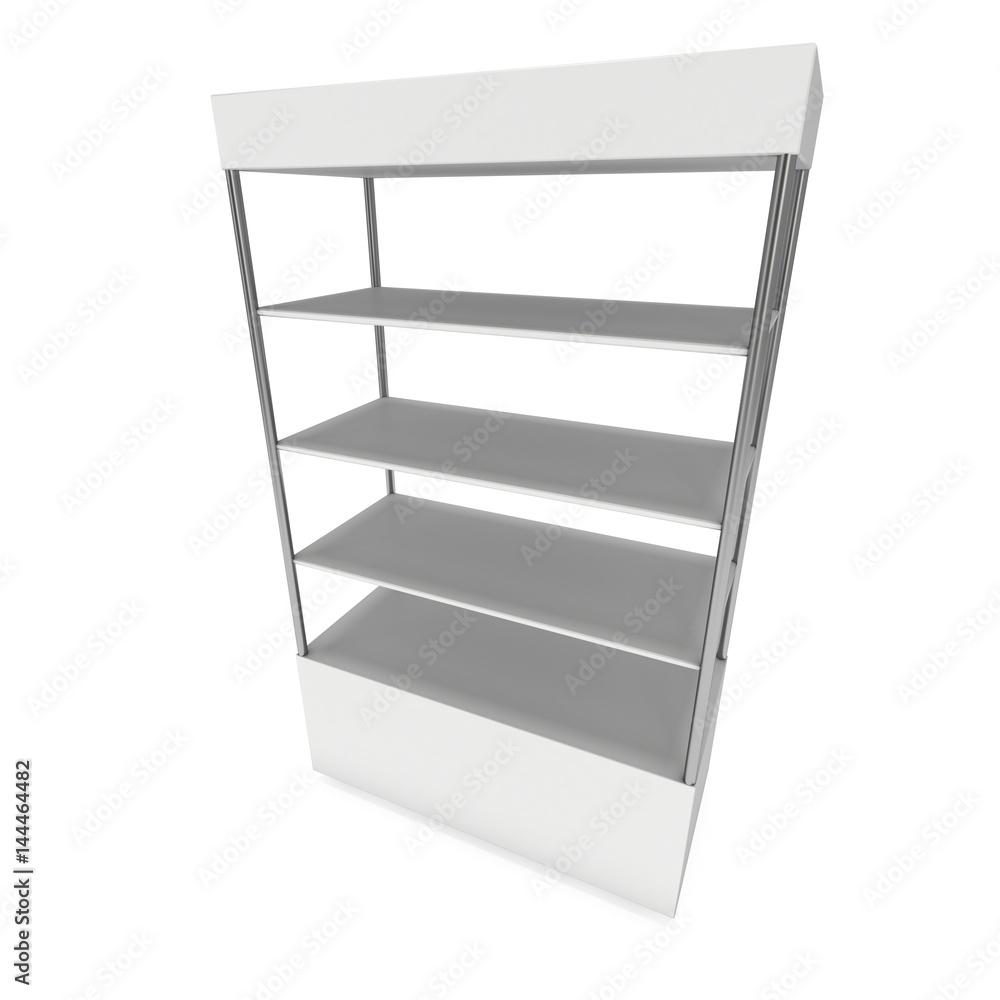 Empty showcase with glass shelves for exhibit. 3D render illustration isolated on white background. Trade show booth blank pedestal for expo design. Empty showcase with glass shelves for exhibit. 3D render illustration isolated on white background. Trade show booth blank pedestal for expo design.