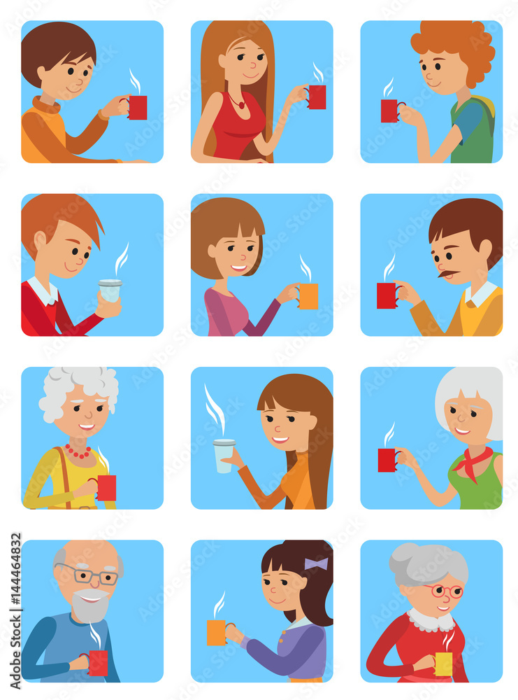 People with cup in his hand drinking hot coffee. Vector illustration icon People with cup in his hand drinking hot coffee. Vector illustration icon