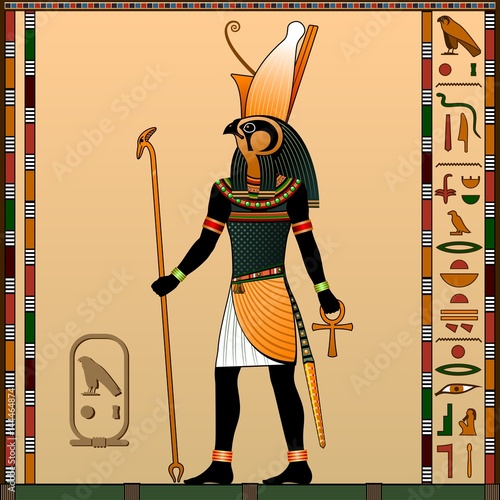 Religion of Ancient Egypt. Horus is the god of heaven, of royalty, the patron of the pharaohs. Ancient Egyptian god Horus in the guise of a man with a falcon head. Vector illustration.
 photo