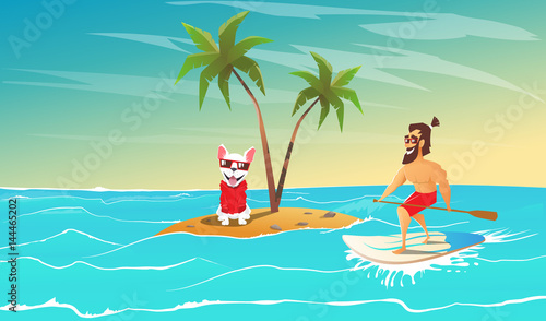 Cheerful surfer and dog are relax