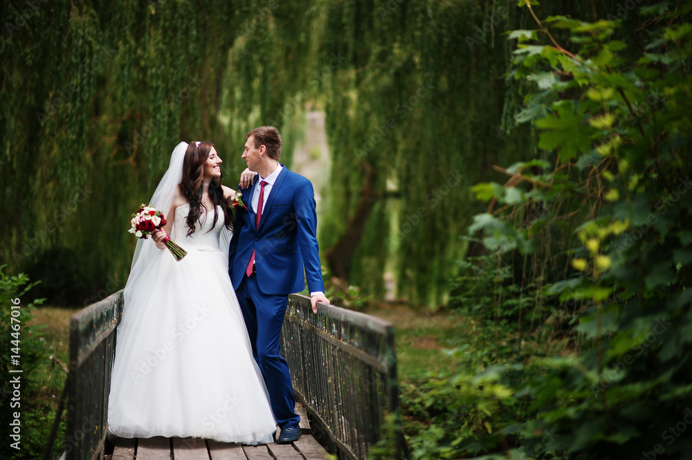 Wedding couple in love stay on small bridge on park at sunny day. Wedding couple in love stay on small bridge on park at sunny day.