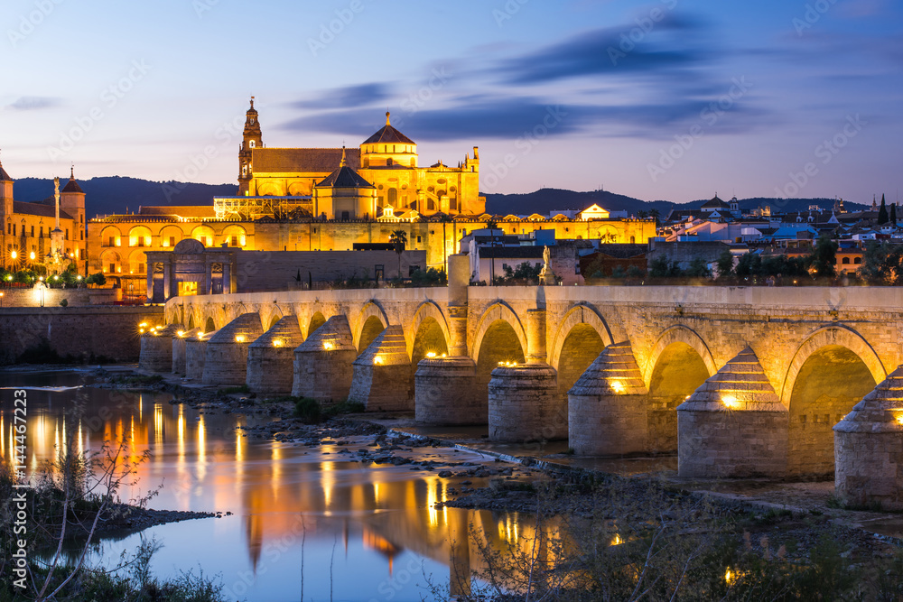 Illuminated Roman Bridge and Mosque-Cathedral at twilight in Cordoba, Spain