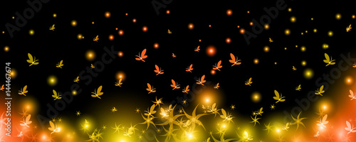 Bright butterflies rise up with flowers, background