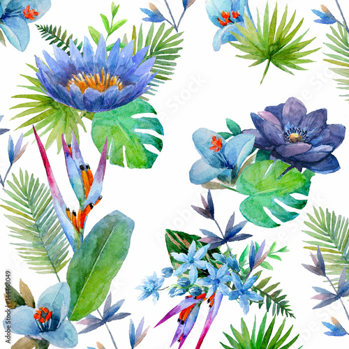 Fototapeta Wzór z akwarela tropikalnymi kwiatami, liśćmi i roślinami na białym tle ,. Ręcznie malowane tła raju dżungli dla wyrobów włókienniczych.