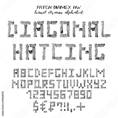 Hand drawn alphabet, written grunge font with latin symbols in technique of diagonal hatching: stylized black capital letters, numbers and punctuation. Vector illustration