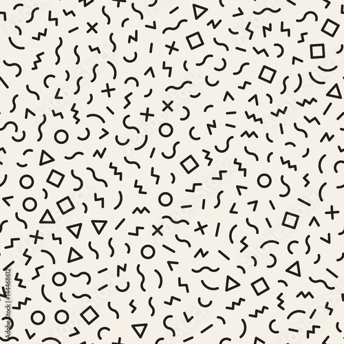 Scattered Geometric Shapes. Inspired by Memphis Style. Abstract Background Design. Vector Seamless Black and White Irregular Pattern.