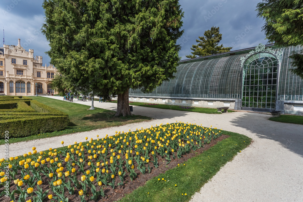 Obraz premium State chateau and greenhouse Lednice, spring in South Moravia, Czech republic
