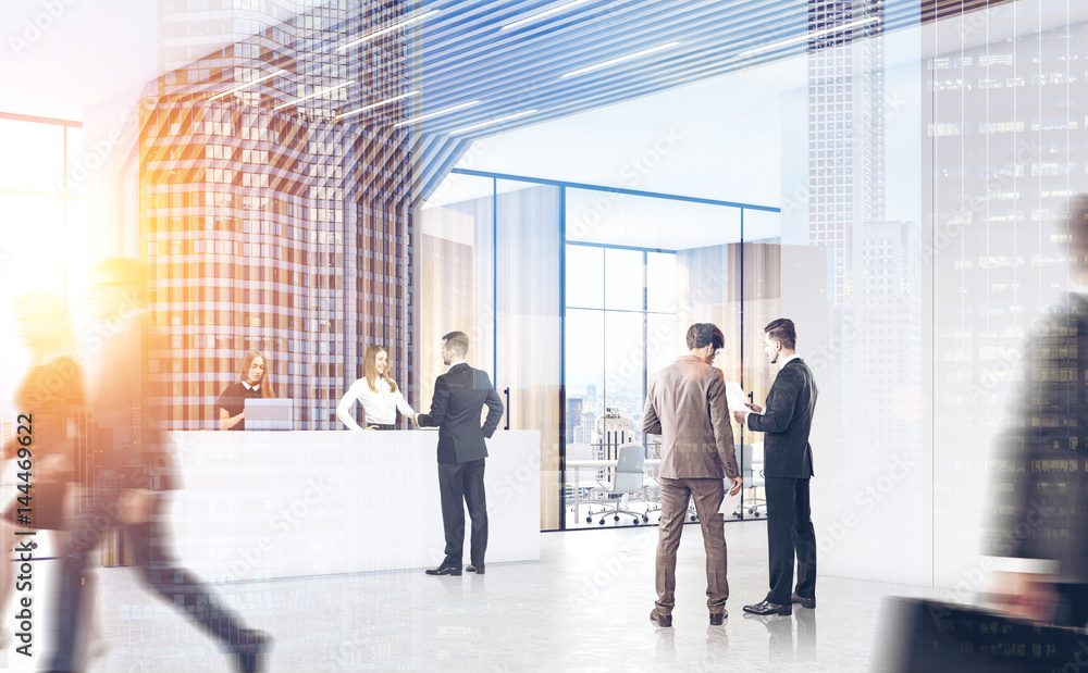 Side view of people passing by reception, double Side view of people passing by reception, double
