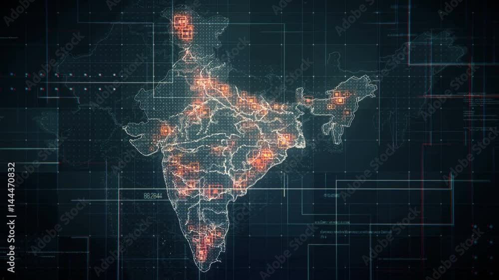 Black India Map with Lines Rollback Camera. Black India map with visual effects,square indicators and animated lines in different places.