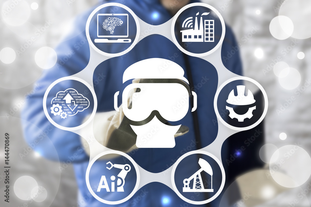 Virtual reality integrateв in industry 4.0. 3d visualization and  development industrial computing concept. Working presses VR glasses icon.  IoT, IT, BIG DATA, AI innovation modernization manufacturing Stock Photo |  Adobe Stock