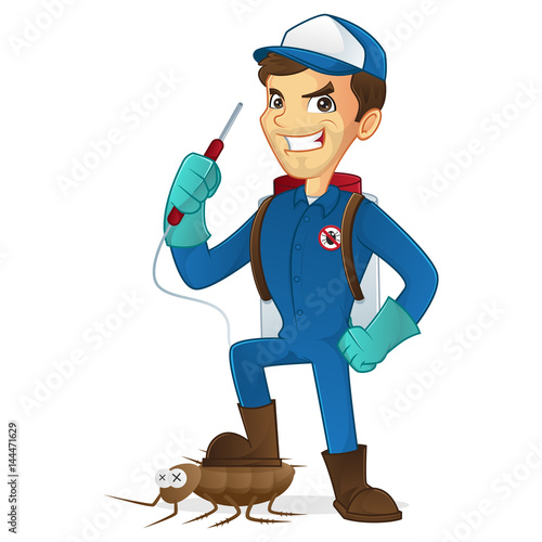 Exterminator killing bug holding pest sprayer