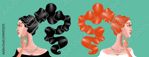 vector illustration with beautiful retro women with long hair