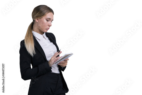Woman with notebook, isolated