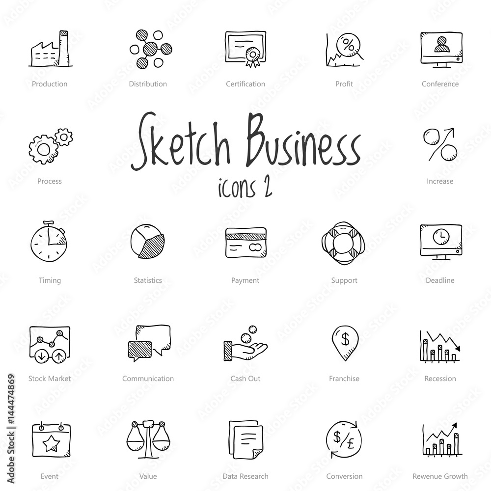 Set of black sketch business icons isolated on light background. Set of black sketch business icons isolated on light background.