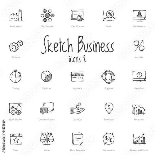 Set of black sketch business icons isolated on light background.