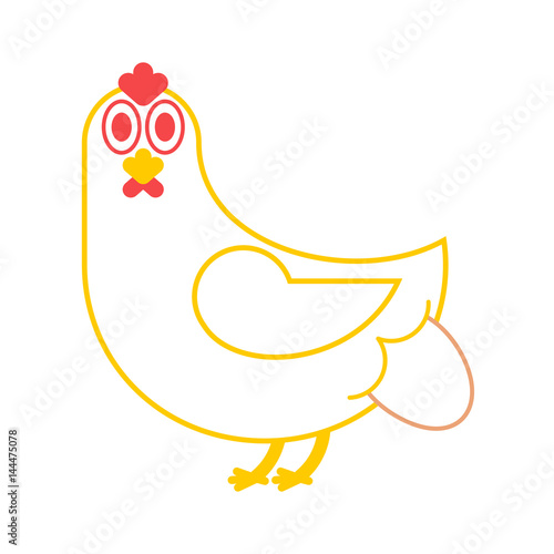Hen lays an egg. chicken and eggs. Farm bird