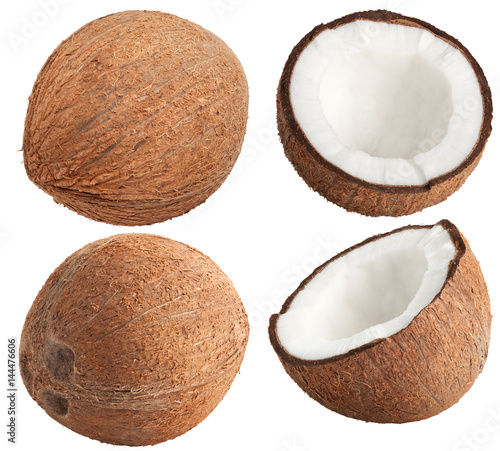 Isolated coconut collection. Whole and half of coconut isolated on white, with clipping path