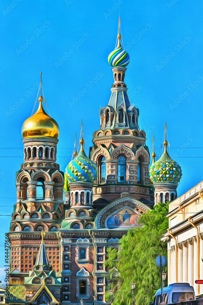 Colorful painting of Church of the Savior on Blood