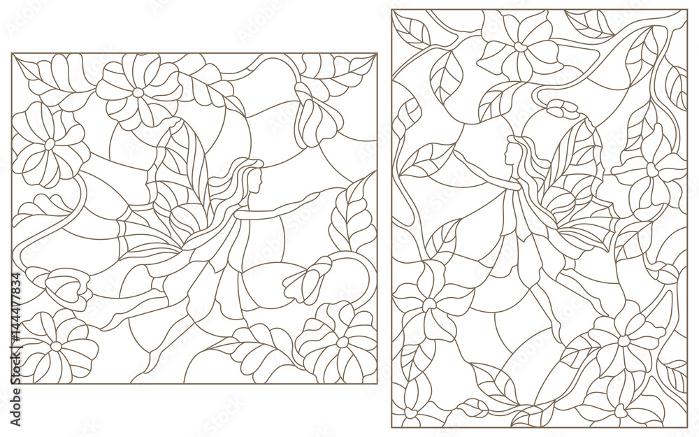 Set contour illustrations of stained glass with fabulous fairies on a background of flowering plants
